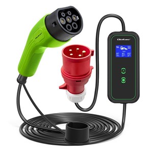 Qoltec Mobile EV Car Charger Adjustable 2in1 Type2 | 11kW | CEE 5 PIN | LCD | 3 phases | Portable | Wallbox | 5m