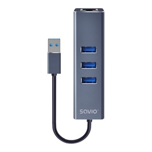 Savio AK-57 USB-A - 3 x USB-A HUB with RJ-45 Gigabit Ethernet adapter 5000 Mbit /s grey USB 3.2 Gen 1 (3.1 Gen 1) Micro-B 5000 Mbit /s Black