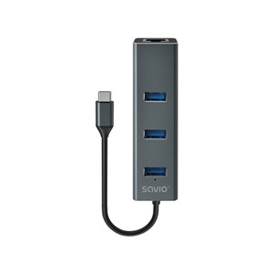Savio AK-57 USB-C - 3 x USB-A HUB with RJ-45 Gigabit Ethernet adapter, 5000 Mbit /s, grey