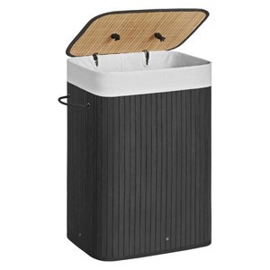 SONGMICS Foldable Bamboo Laundry Basket with Lid – Black, 72 L