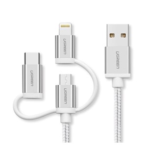 Ugreen USB 2.0 to Micro USB+Lightning+Type C (3 in 1) braided data cable, 1.5 m