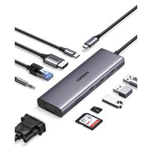 UGREEN USB C Hub, 10-in-1 USB-C with dual output for 4K HDMI &amp; VGA display, 100W PD
