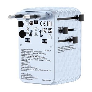 Verbatim Charge 'n' Travel 100W Universal Travel Adapter with retractable cable Blue