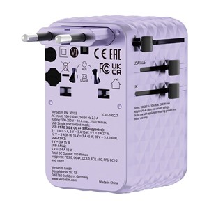 Verbatim Charge 'n' Travel 100W Universal Travel Adapter with retractable cable Purple