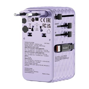 Verbatim Charge 'n' Travel 70W 2C retractable Universal Travel Adapter Purple