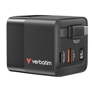 Verbatim GaN Charger 65W 2 Port retractable cable display US plugs with EU and UK adaptors