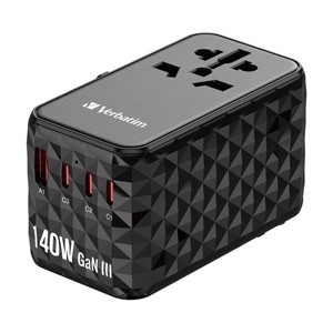 Verbatim UTA-10 140W GaN III Universal Travel Adapter with 2 x USB-C PD 3.1 & QC 4+, 1 x USB-C PD 3.0 & 1 x USB-A QC 3.0 ports