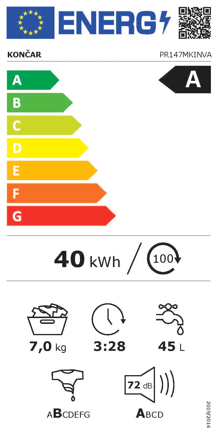 Energetska naljepnica perilice rublja Končar PR147MKINVA energetski razred A