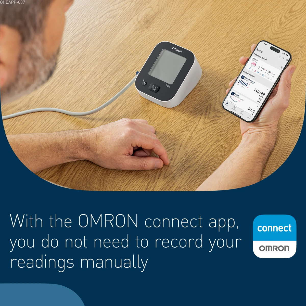 Omron M2+ Connect tlakomjer povezan s Omron Connect aplikacijom na pametnom telefonu