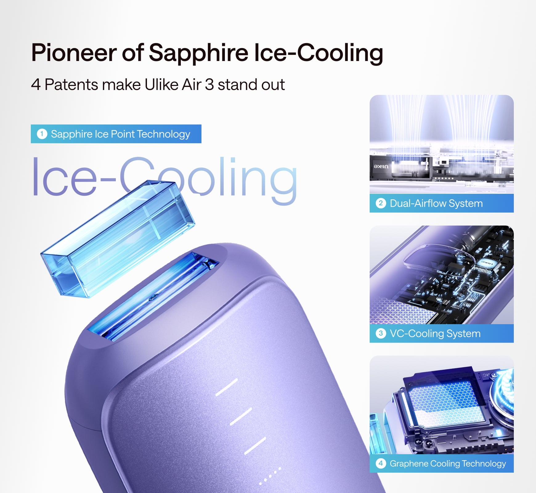 Sapphire Ice Cooling tehnologija na Ulike Air3 purple IPL epilatoru