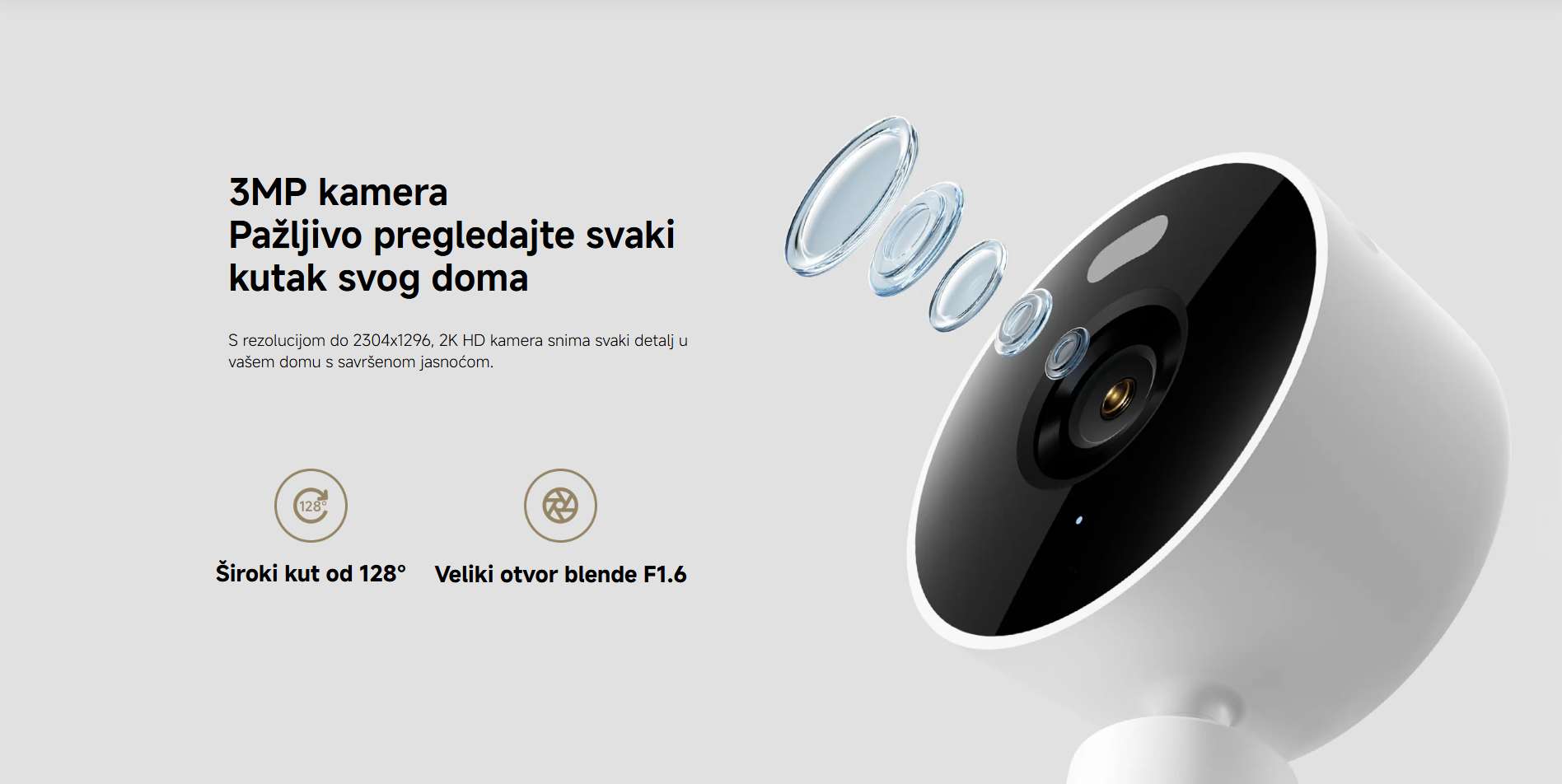 Detalj objektiva Xiaomi Smart Camera C100 kamere s 2K rezolucijom