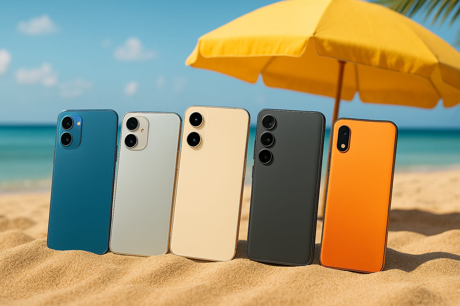 Top mobiteli za vruće ljeto 2025 Pet različitih modela modernih pametnih telefona na pješčanoj plaži uz žuti suncobran i more u pozadini, simbolizirajući ljetne akcije na mobitele 2025. godine