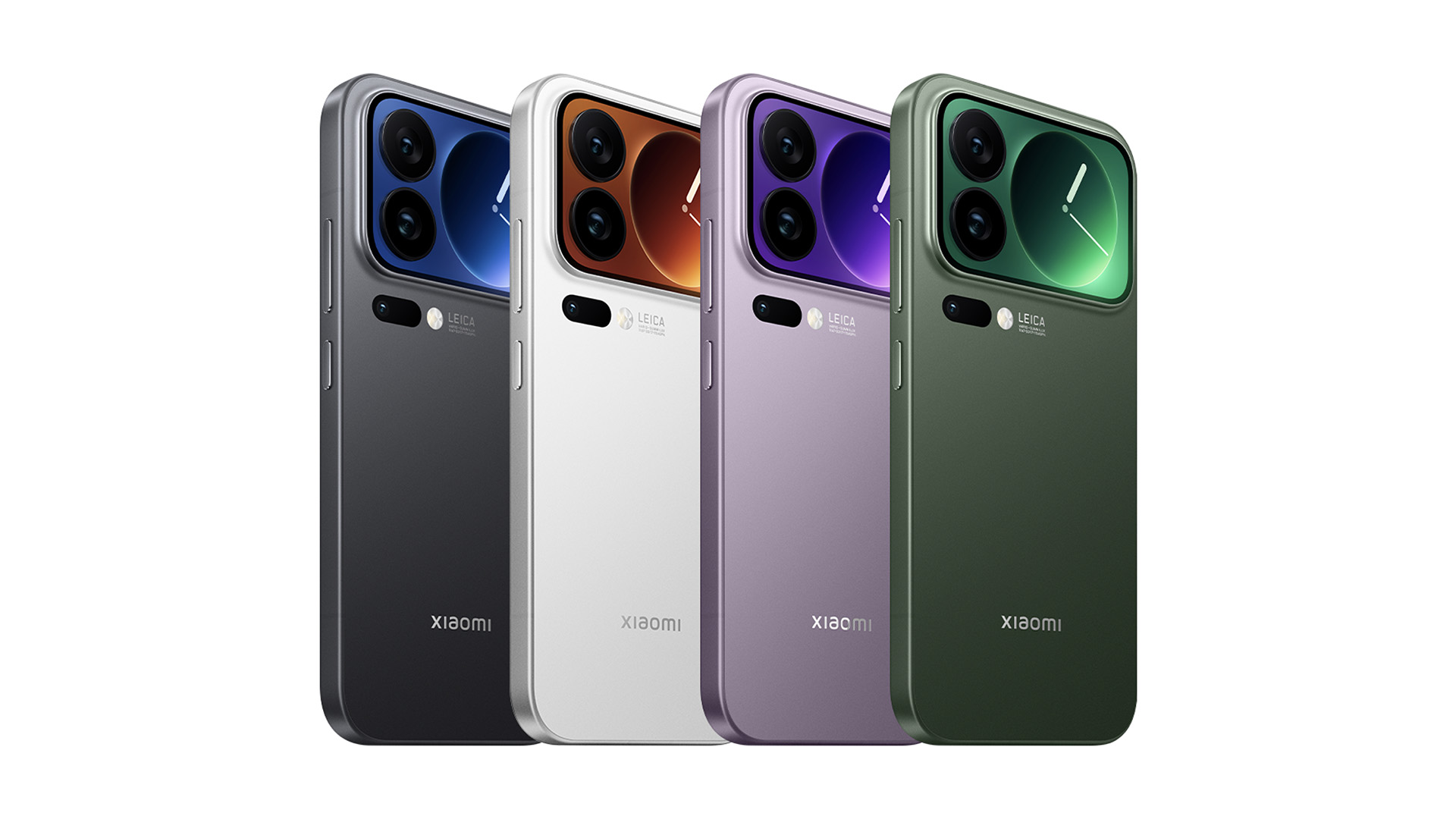 Xiaomi 17 Pro Max modeli pametnih telefona za svijetloj pozadini. Četiri jednaka uređaja u različitim dostupnim bojama okrenutih prema poleđni prikazivajući drugi ekran.