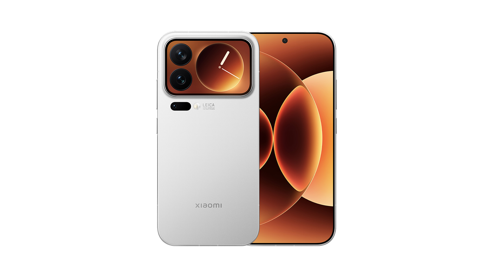 Xiaomi 17 pro model pametnog telefona prikazan djelomično s prednje i zadnje strane u bijeloj boji s narančastim pozadinskim zaslonom.