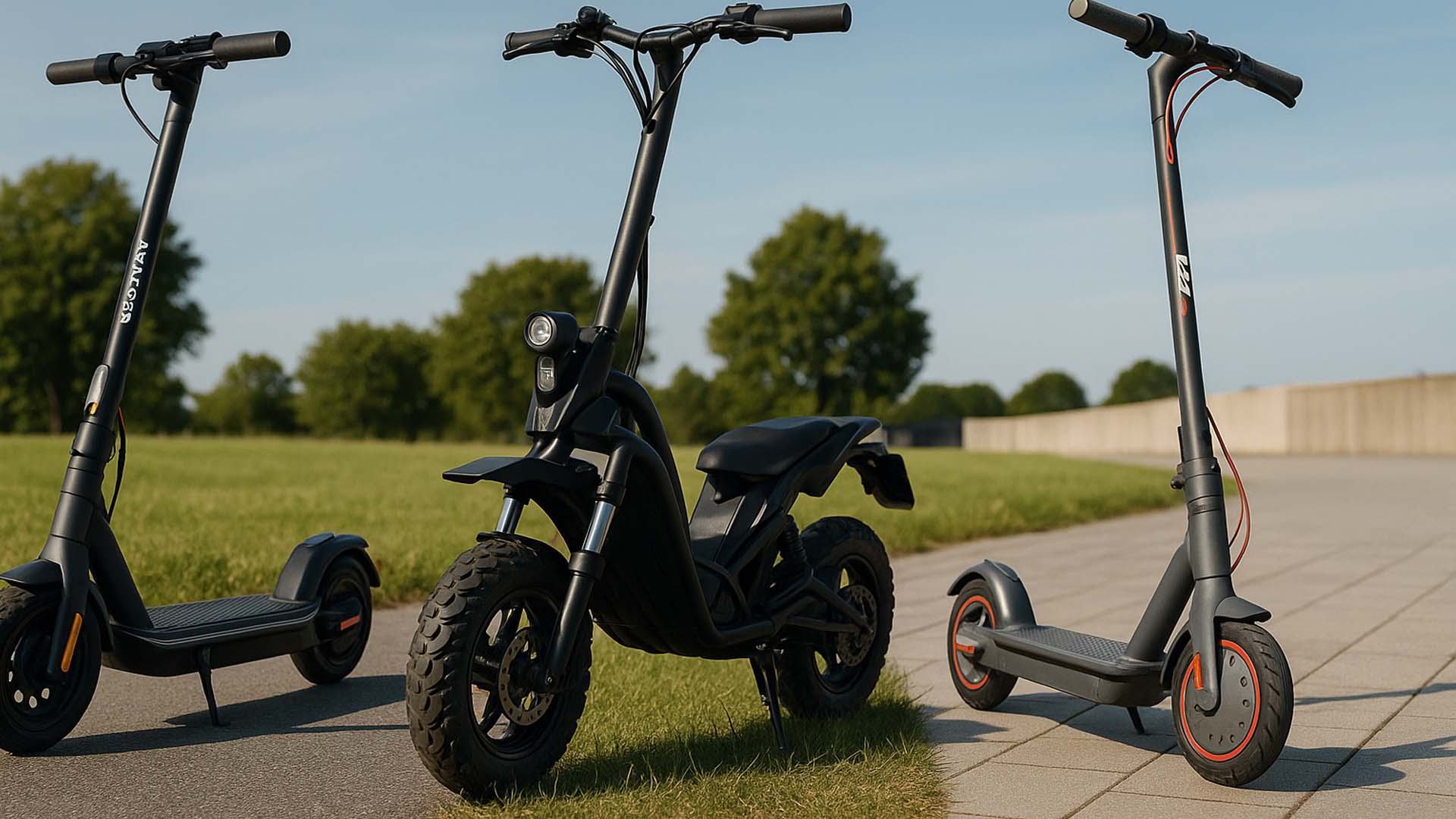 Tri različita električna romobila – gradski, terenski i sklopivi model – prikazana u kontrastnom okruženju s dinamičnim osvjetljenjem i modernom kompozicijom.