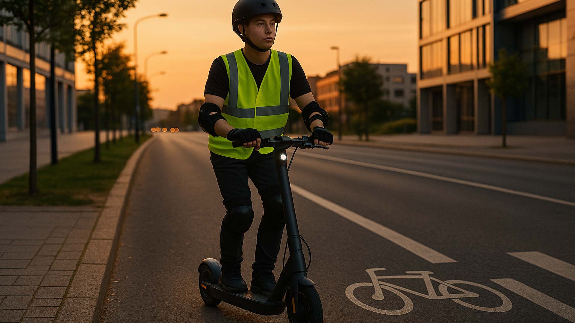 Vozač s kacigom i zaštitnom opremom vozi električni romobil uz biciklističku stazu u gradu pri zalasku sunca, simbolizira sigurnost i odgovornu vožnju.