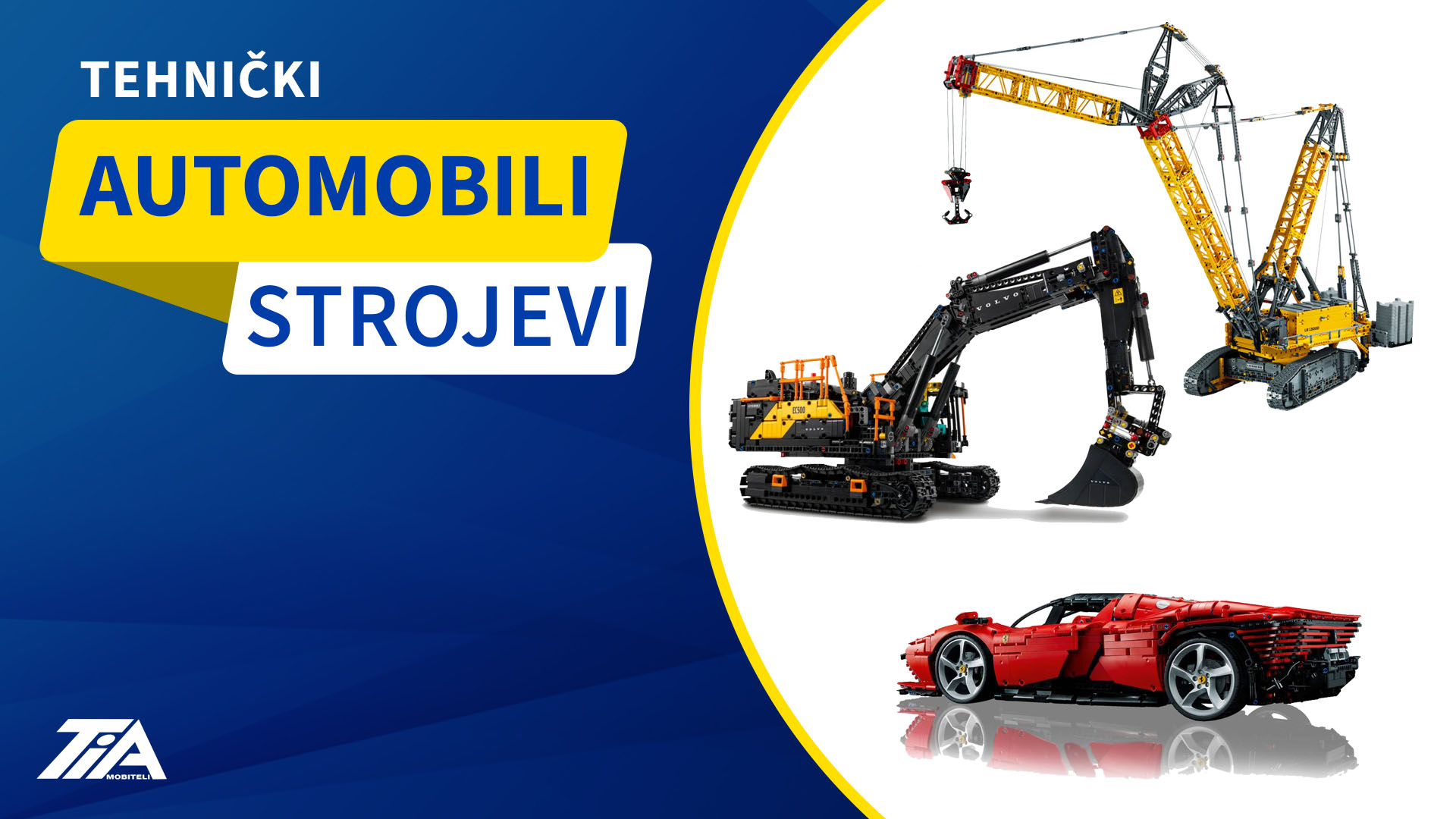 Set bagera, dizalica i automobila koji su iz lego technic serije s naprednim funkcijama i ugrađenim motorima u sklopu premium lego ponude.