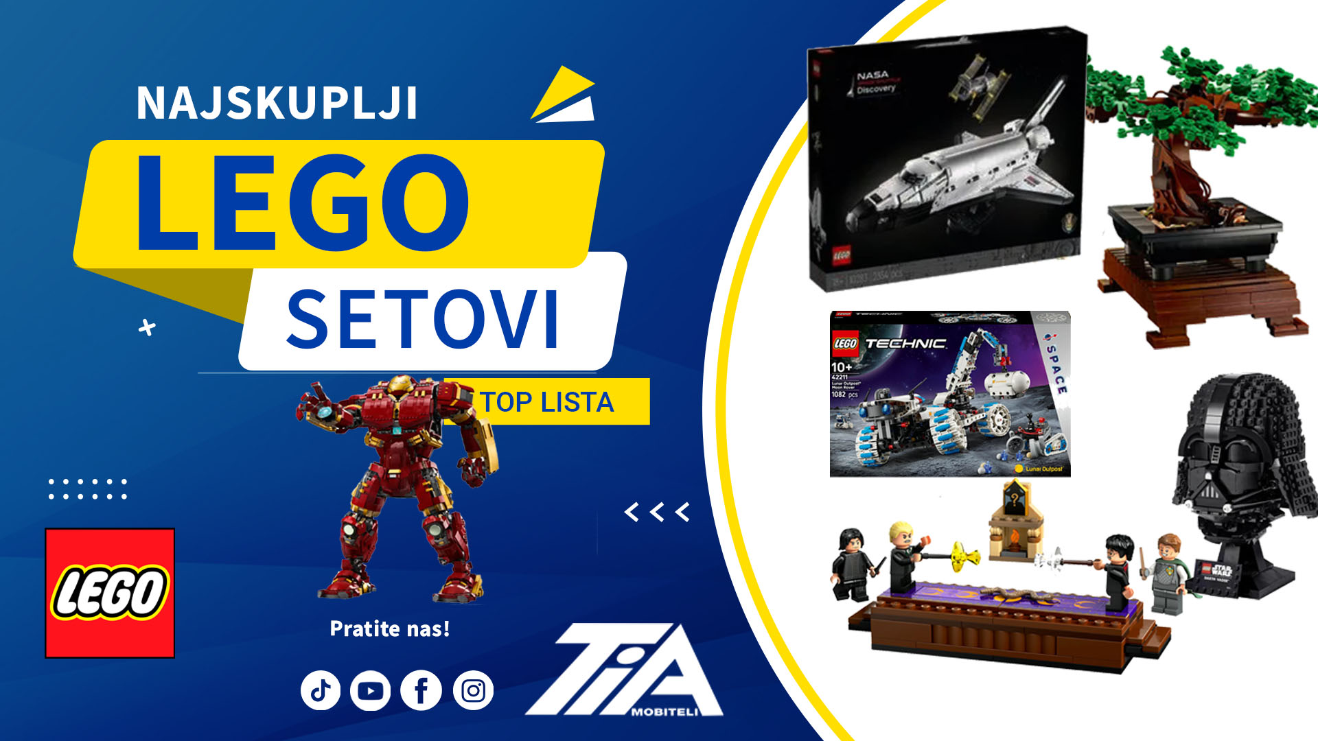 Najskuplji Lego setovi - Top lista Razni lego setovi i proizvodi na plavoj grafičkoj podlozi s najskupljim setovima koje kompanija lego proizvodi.