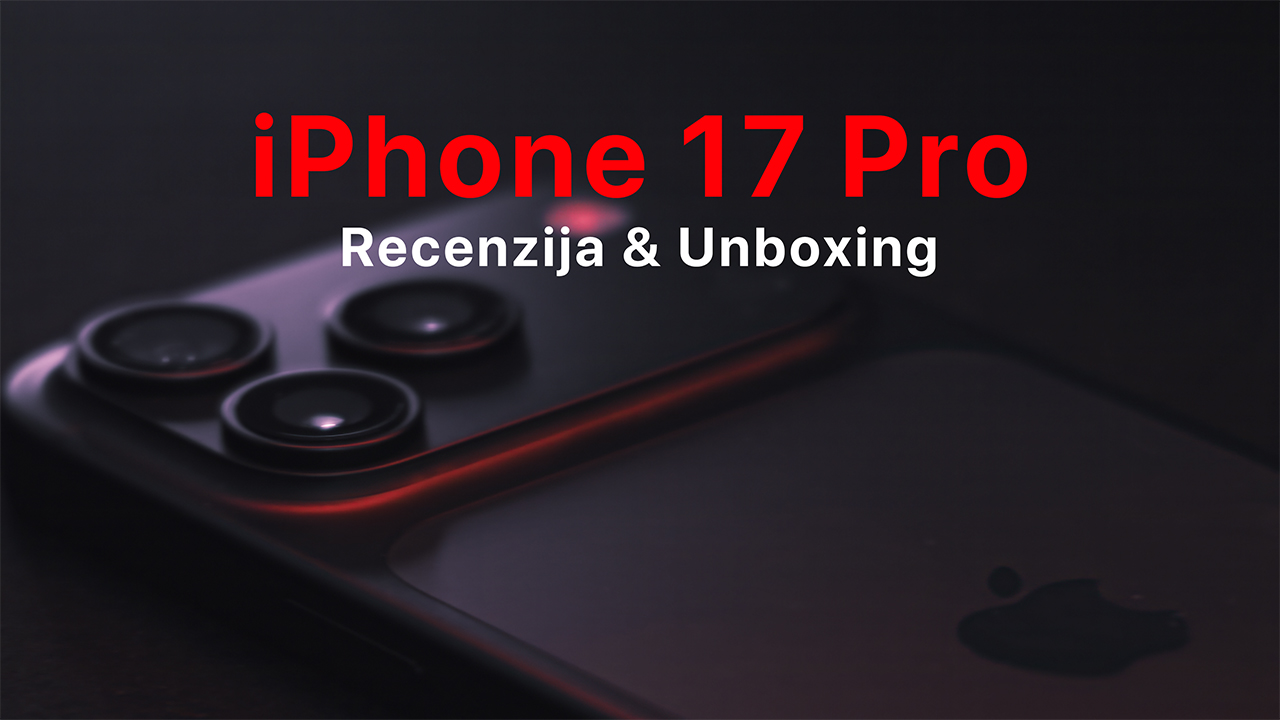 iPhone 17 Pro - Unboxing i Recenzija iPhone 17 Pro okrenut prema leđima gdje se video novi dizajn na tamnoj pozadini s crvenim svjetlima preko njega.