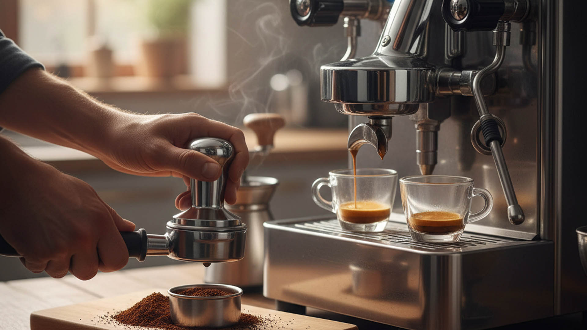 Fotografija osobe u krupnom planu gdje se vide ruke pravljenja espressa uz profesionalni espresso aparat za kavu u pozadini.