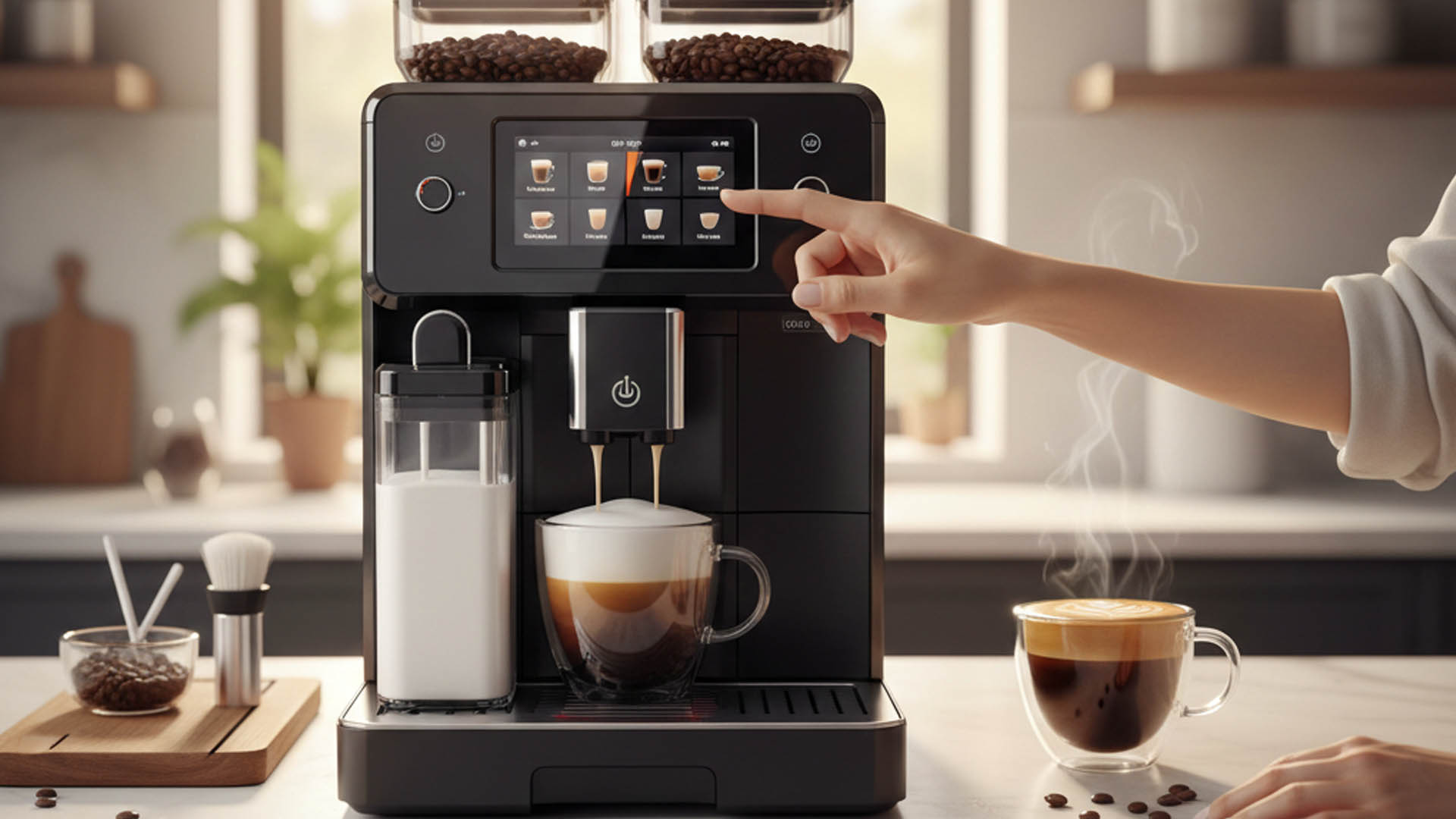 Fotografija automatskog espresso aparata na kuhinjskom stolu s osobom koja pristiće gumb za jednostavno pravljenje kave.