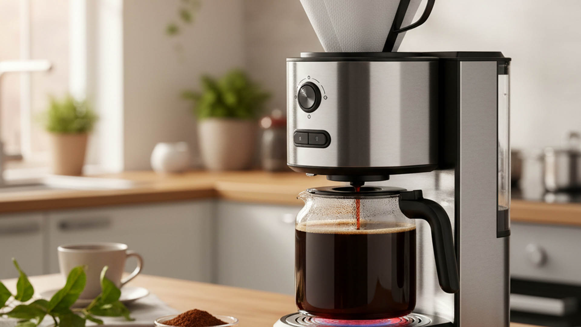 Aparat za kavu na bazi filtera s grijačem koji stoji na kuhinjskom stolu pripremajući crnu kavu u većim količinama