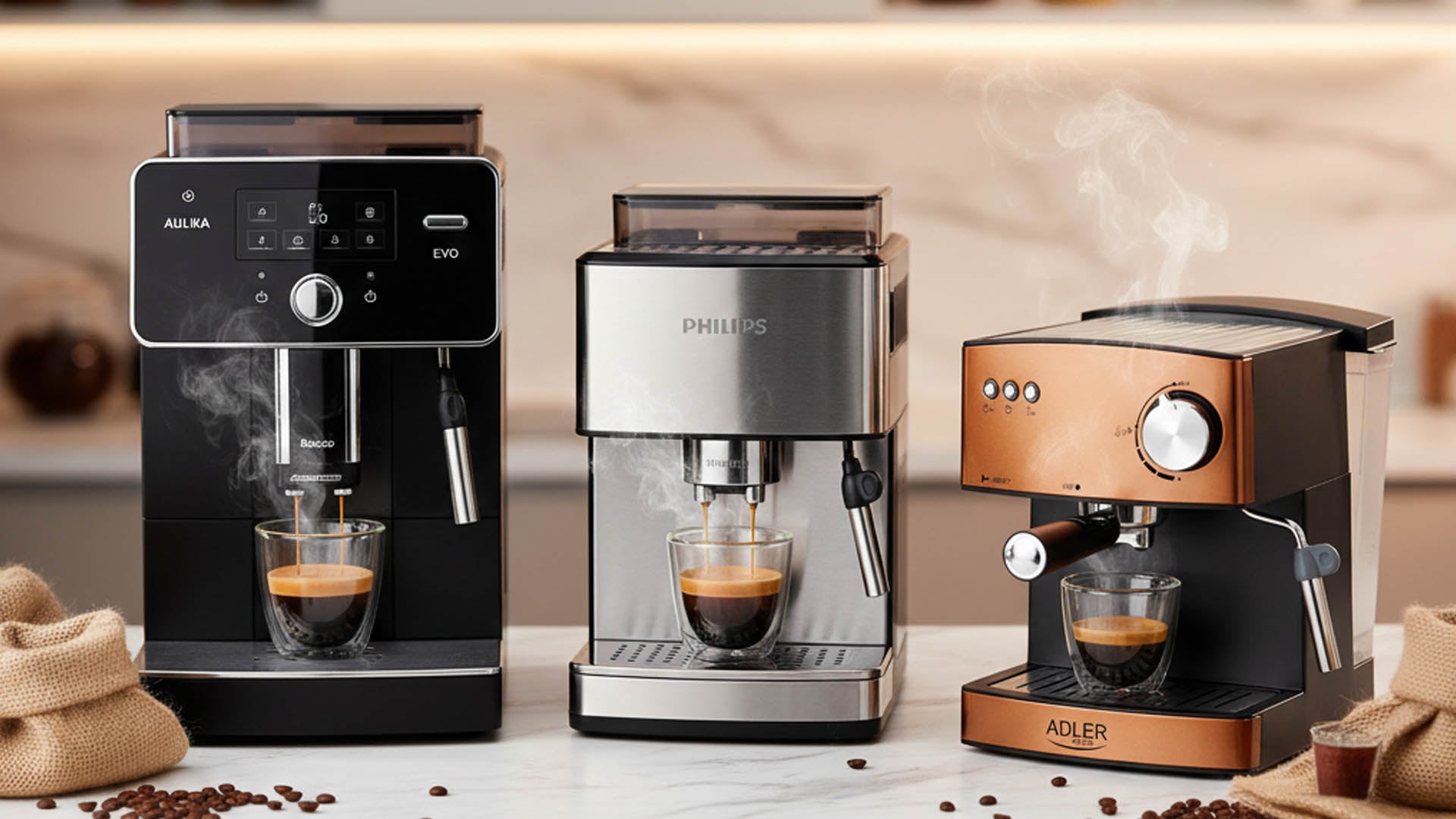 Odabir najboljeg espresso aparata za kavu Usporedna fotografija na stolu moderne kuhinje gdje se nalaze tri popularna modela espresso aparata za kavu s zamućenom pozadinom.
