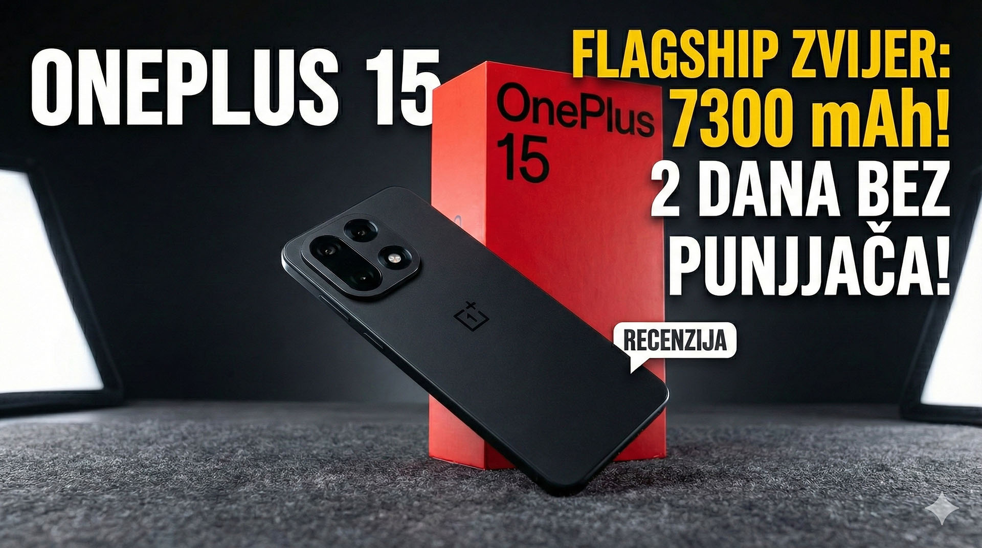 OnePlus 15 - Recenzija OnePlus 15 pametni telefon na tamnoj pozadini prikazan sa zadnje strane i crvena kutija s kojom dolazi u pakiranju. Naslovi teksta u pozadini.