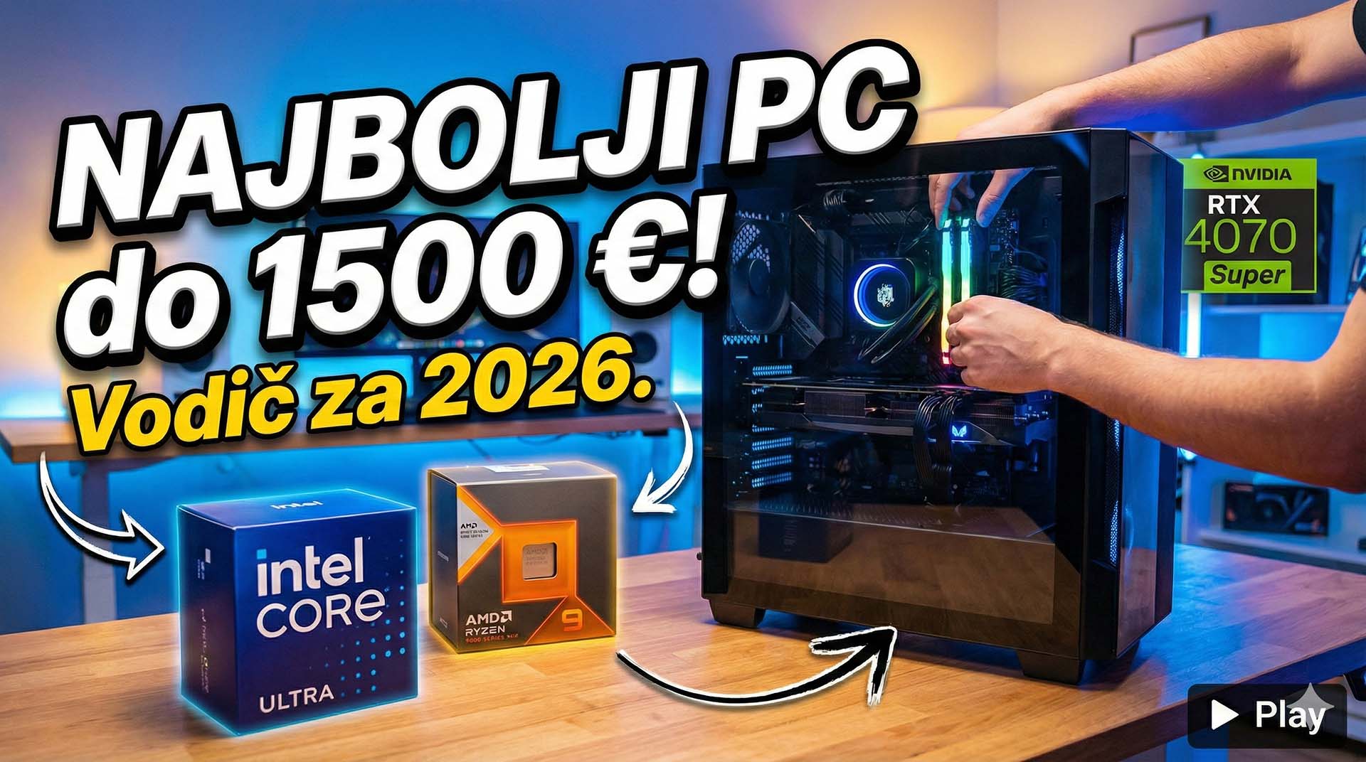 Radni stol sa suvremenim PC komponentama iz 2026. godine, uključujući Intel Core Ultra i AMD Ryzen 9000 procesore te RTX grafičku karticu, spremnima za sastavljanje konfiguracije do 1500 eura.