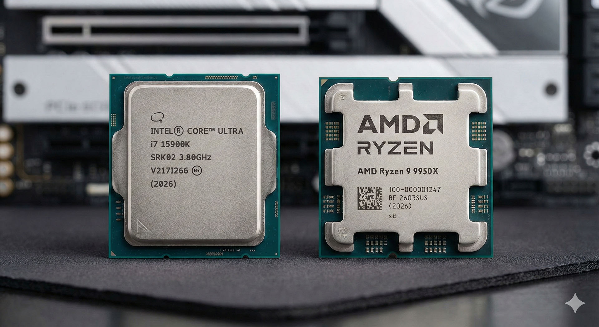 Bliski plan Intel Core Ultra i AMD Ryzen 9000 procesora postavljenih jedan pored drugog, prikazujući razlike u dizajnu novih generacija CPU-a za 2026. godinu.