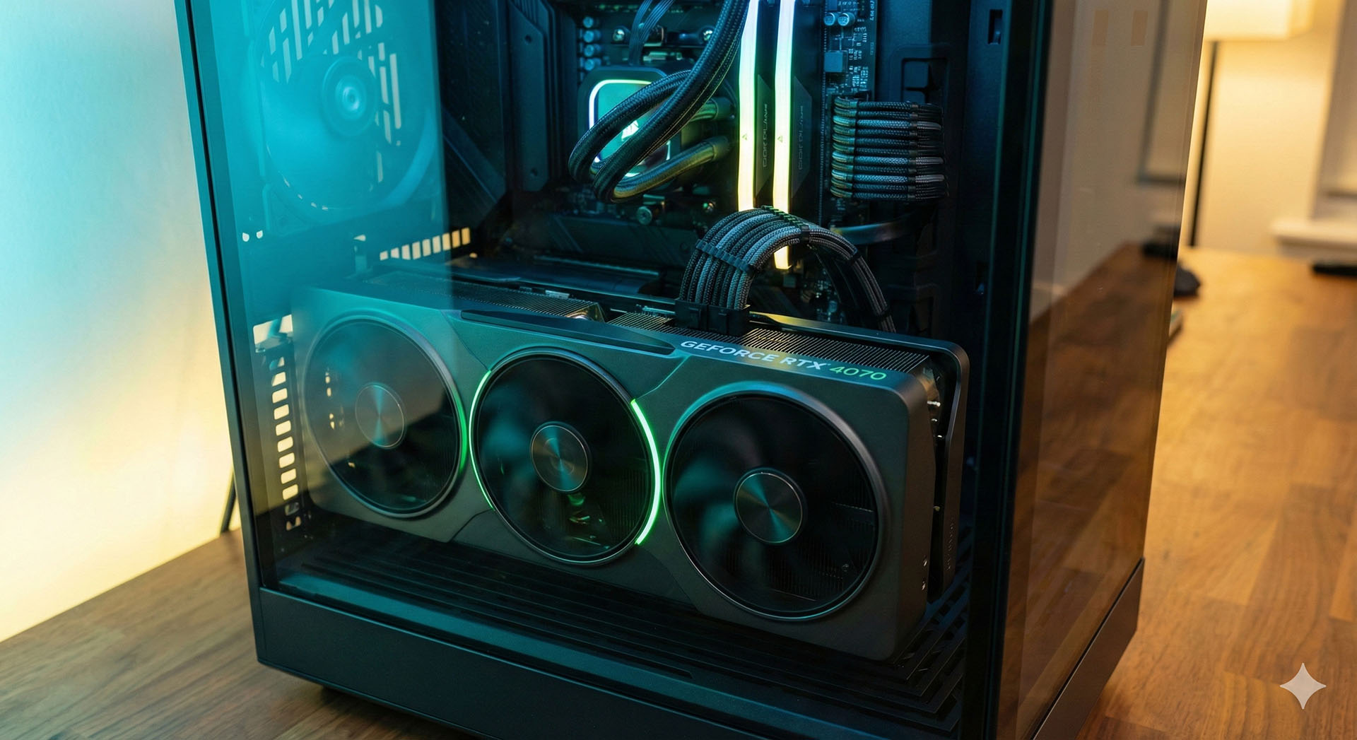 Snažna grafička kartica s tri ventilatora i RGB osvjetljenjem instalirana u unutrašnjost PC kućišta, koja predstavlja glavnu komponentu za 1440p gaming.
