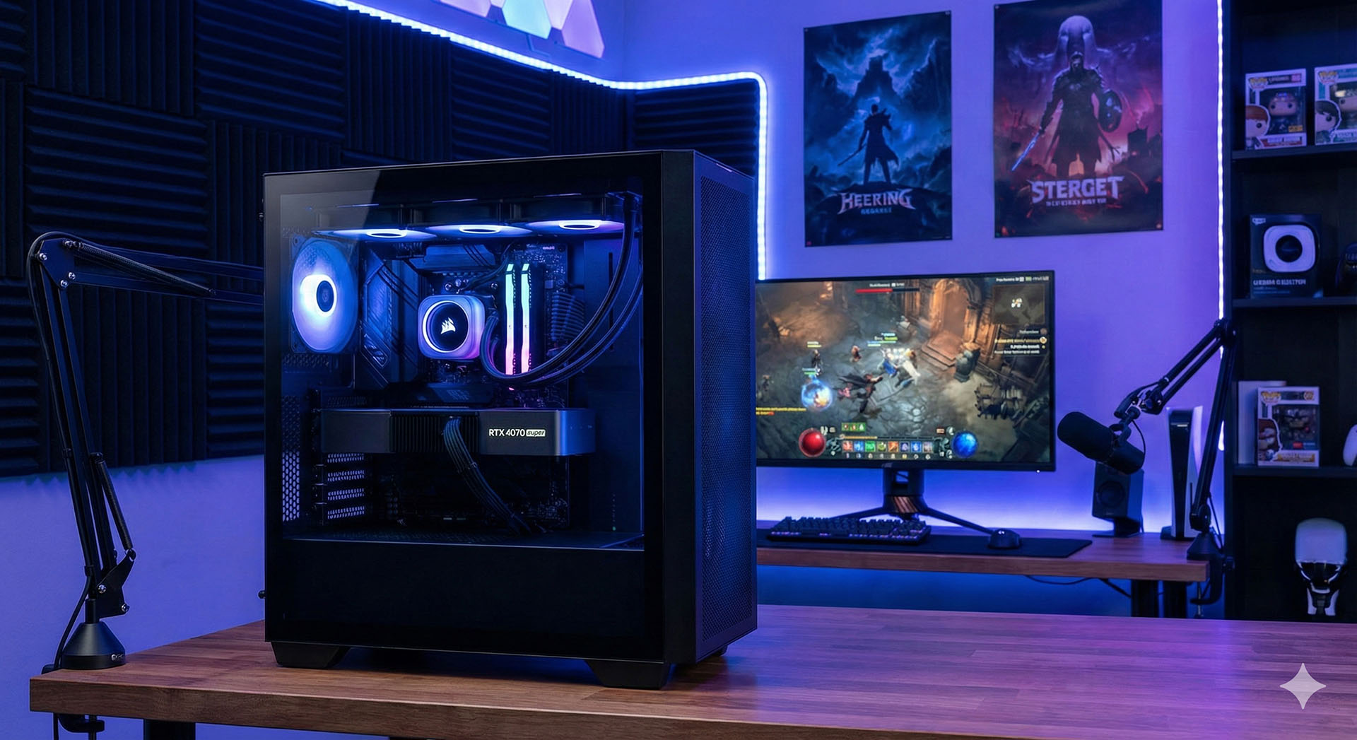 Gotovo, sastavljeno gaming PC računalo s vodenim hlađenjem i RGB osvjetljenjem, koje predstavlja primjer optimalne konfiguracije do 1500 eura, spremno za igranje.
