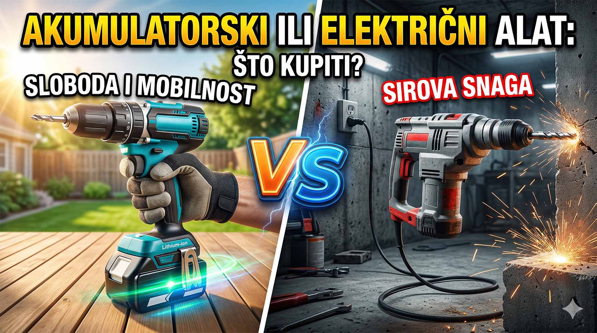 Podijeljeni zaslon koji prikazuje modernu akumulatorsku bušilicu na sunčanoj pozadini s lijeve strane, naspram snažne električne udarne bušilice s kabelom u mračnoj radionici s iskrama s desne strane. U sredini je 3D 'VS' znak i tekst 'Akumulatorski ili električni alat: Što kupiti?'.