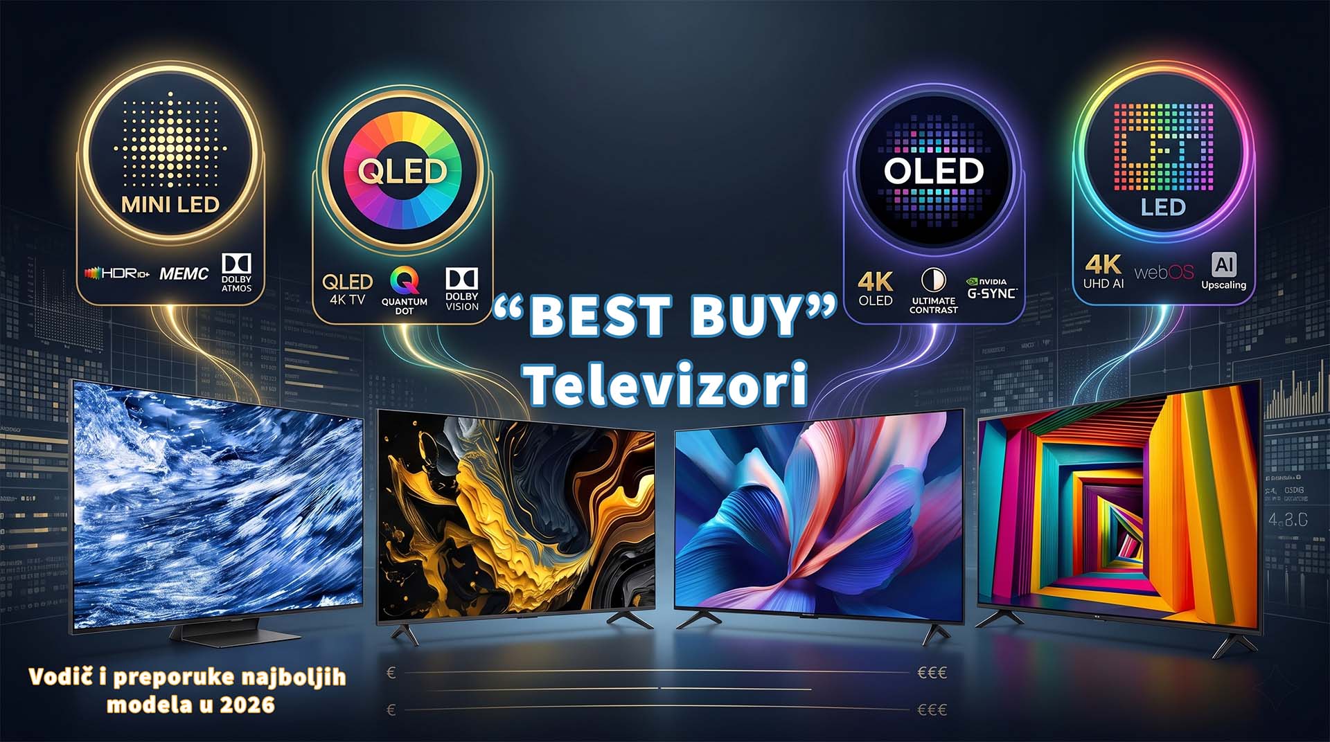 Grafika koja prikazuje četiri različite televizije s razlličitom tehnologijom izrade panela s njihovim oznakama.