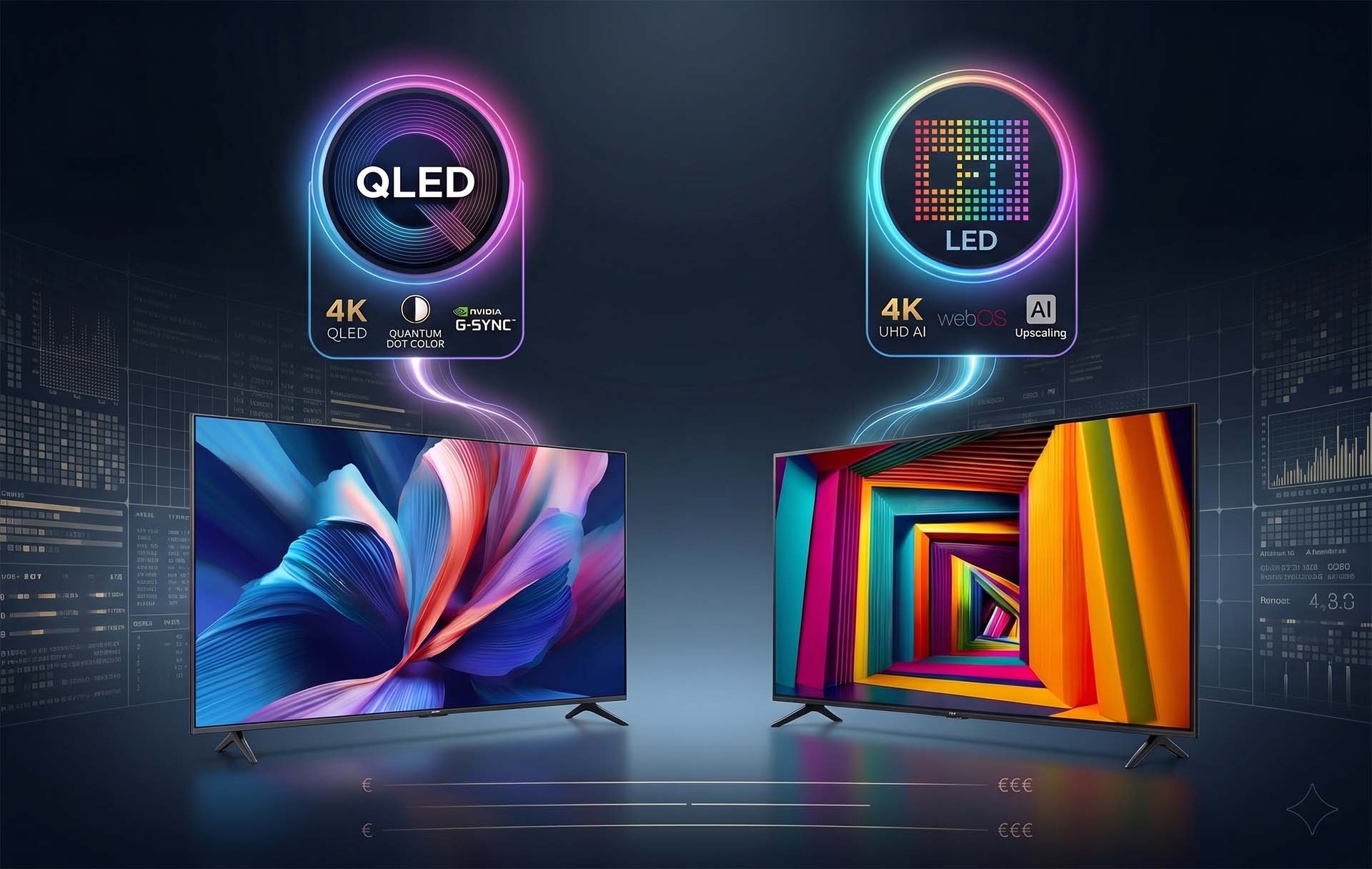 Grafika koja prikazuje 2 raličite televizije s oznakala LED i QLED koje se mogu kupiti u početnoj klasi do 450 eura.