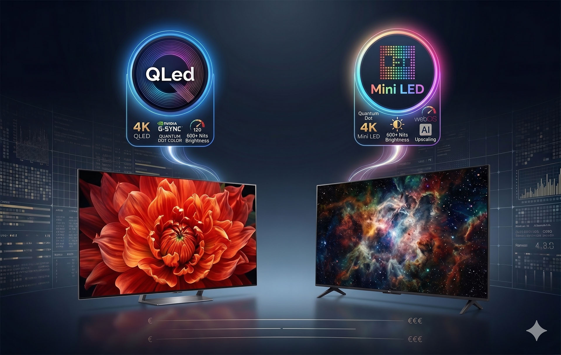 Grafika koja uspoređuje napredne QLed televizore i početne Mini LED panele u srednoj cijenovnoj skupini televizora