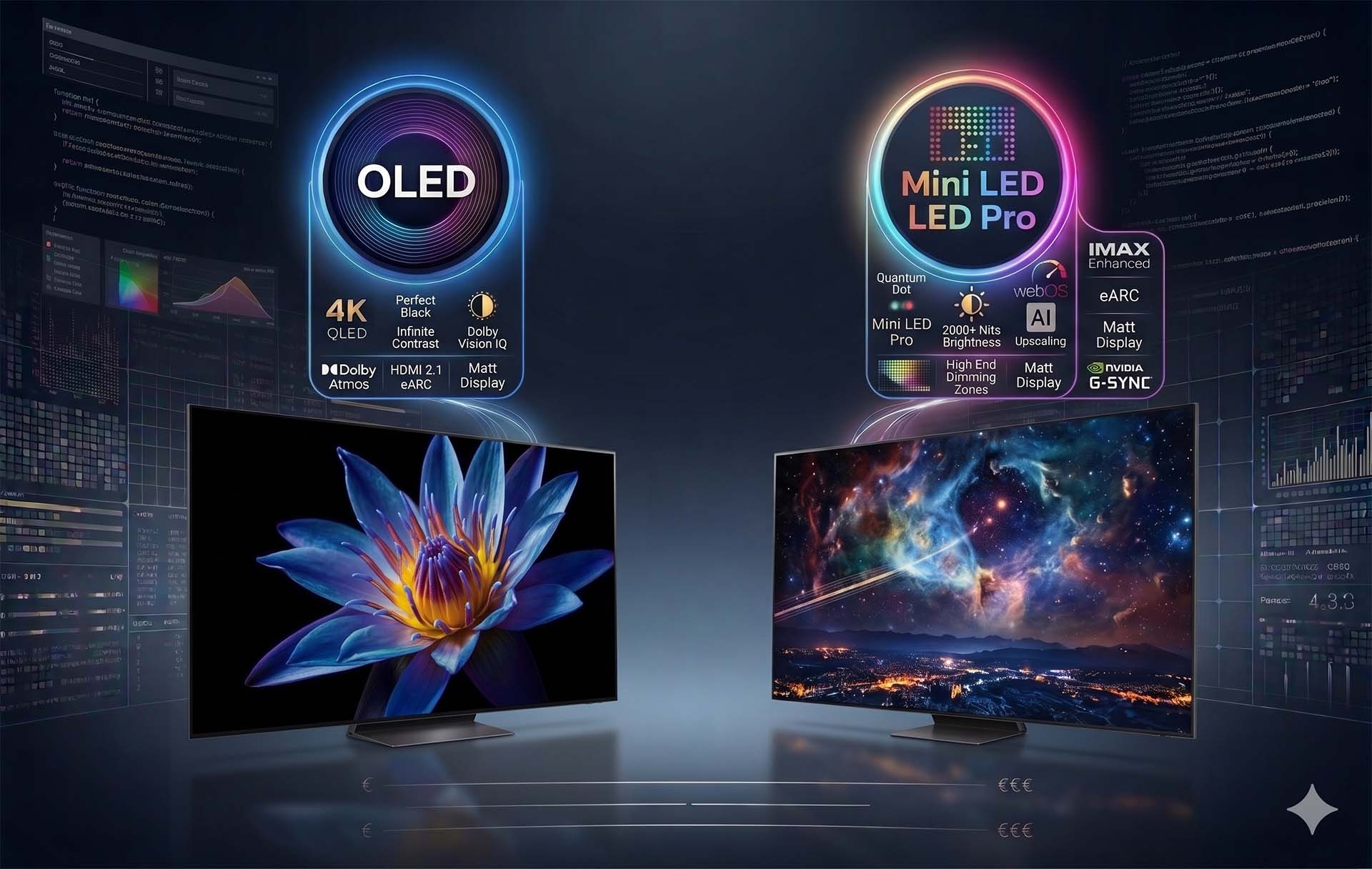 Grafika koja uspoređuje 2 high end televizije s naprednim Mirco LED i OLED panelima za najbolje iskustvo gledanja. 