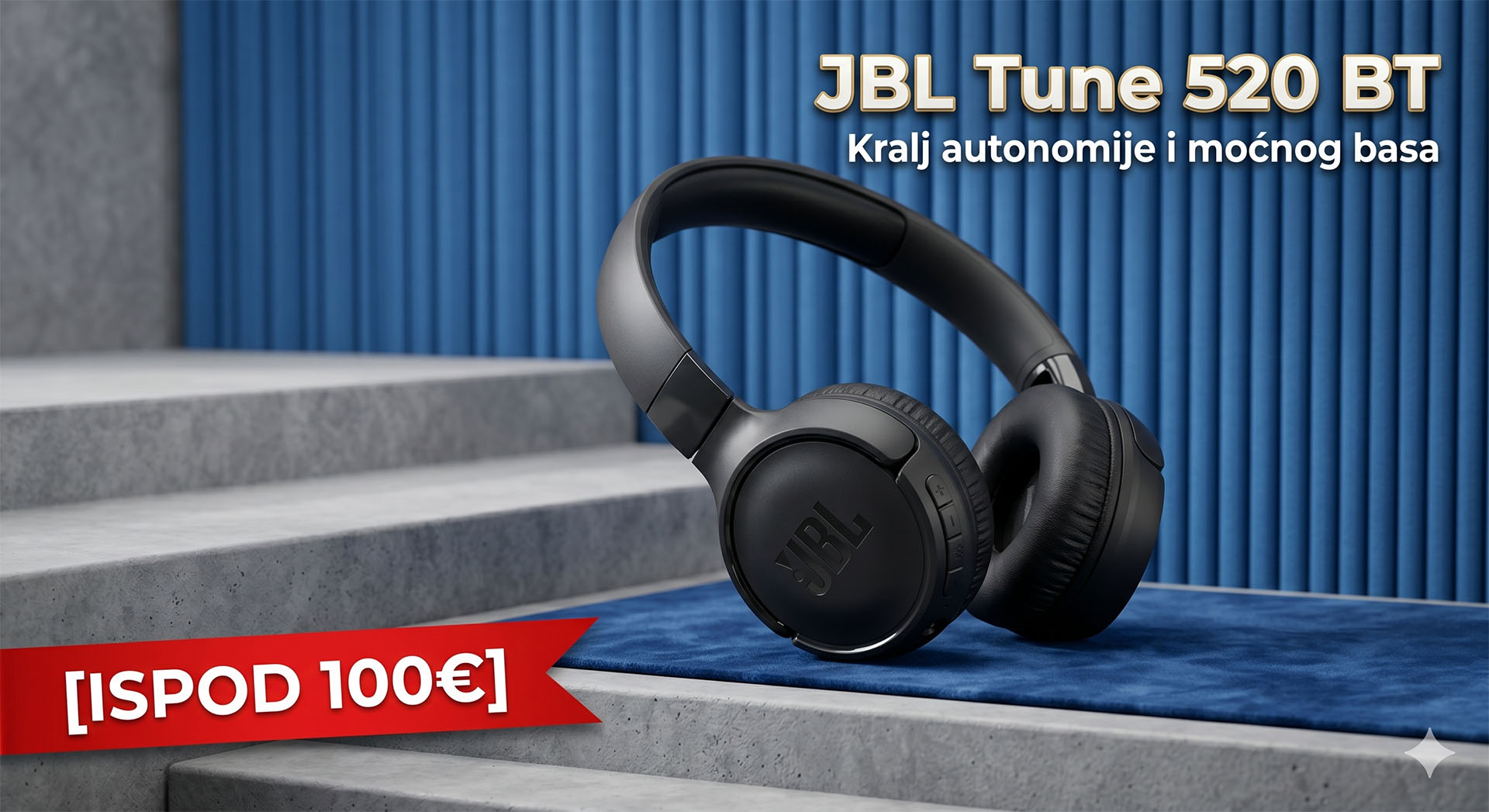 Profesionalna studijska fotografija JBL Tune 520 BT bežičnih slušalica u kategoriji do 100 eura na tamnoplavoj pozadini.