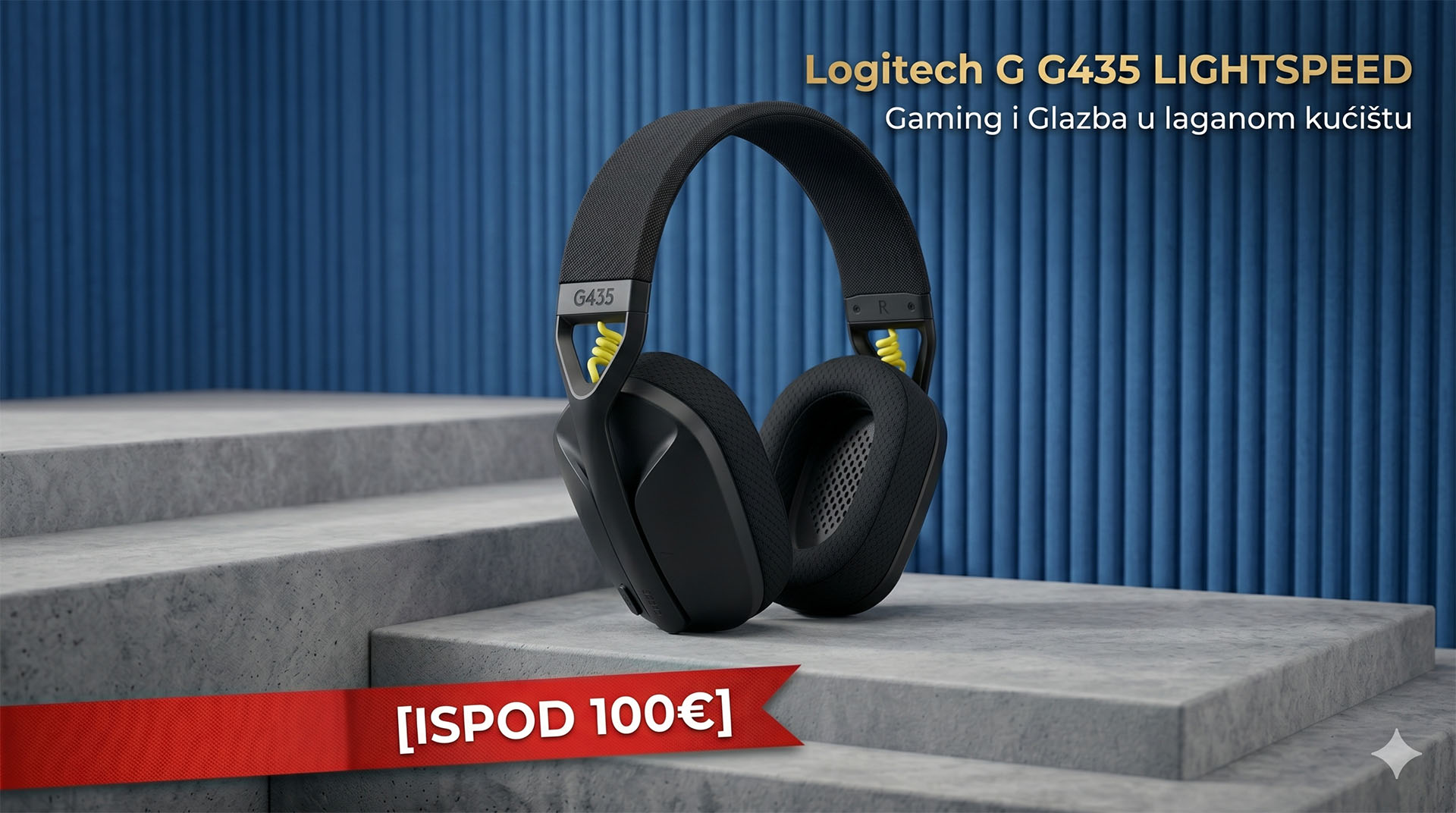 Profesionalna studijska fotografija  Logitech G G435 light speed bežičnih slušalica do 100 eura na tamnoplavoj pozadini.
