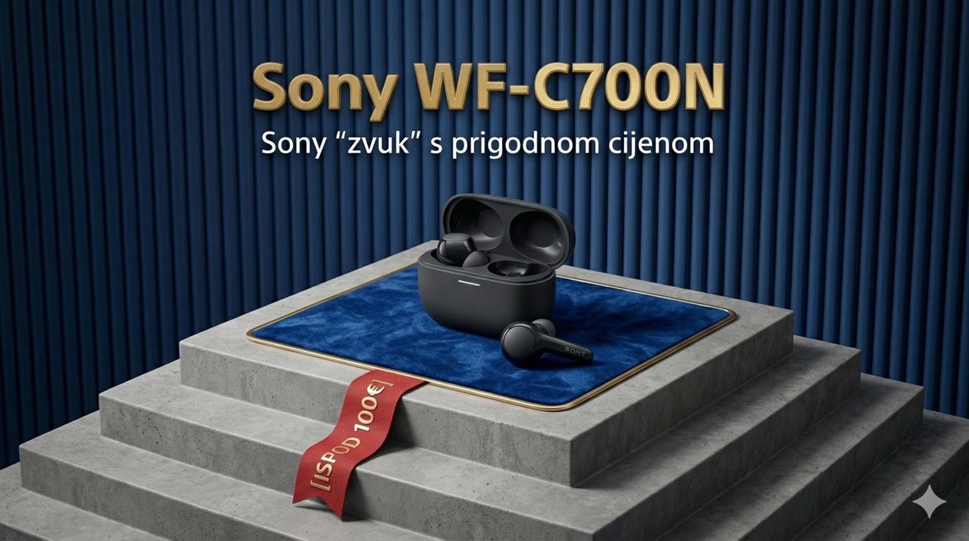 Profesionalna studijska fotografija Sony WF-C700N  bežičnih slušalica do 100 eura na tamnoplavoj pozadini.