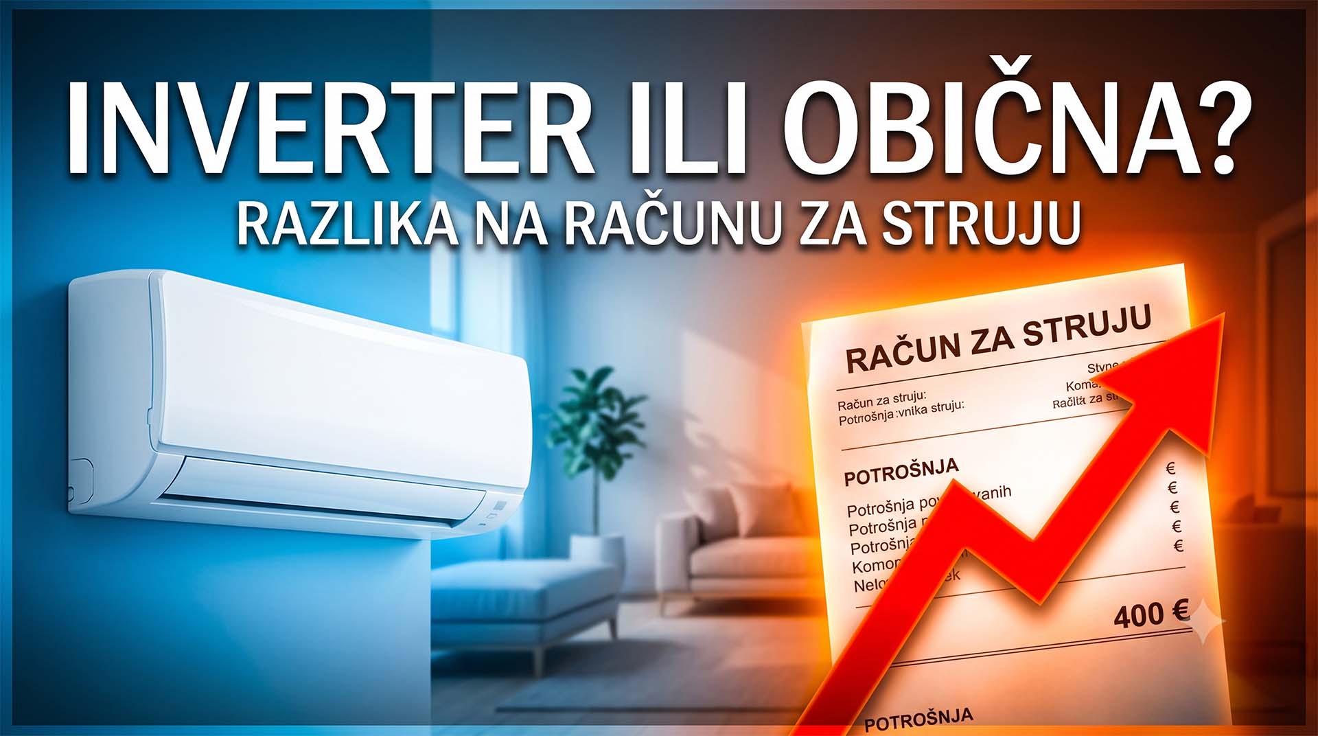 Zidna inverter klima u dnevnom boravku s usporedbom računa.