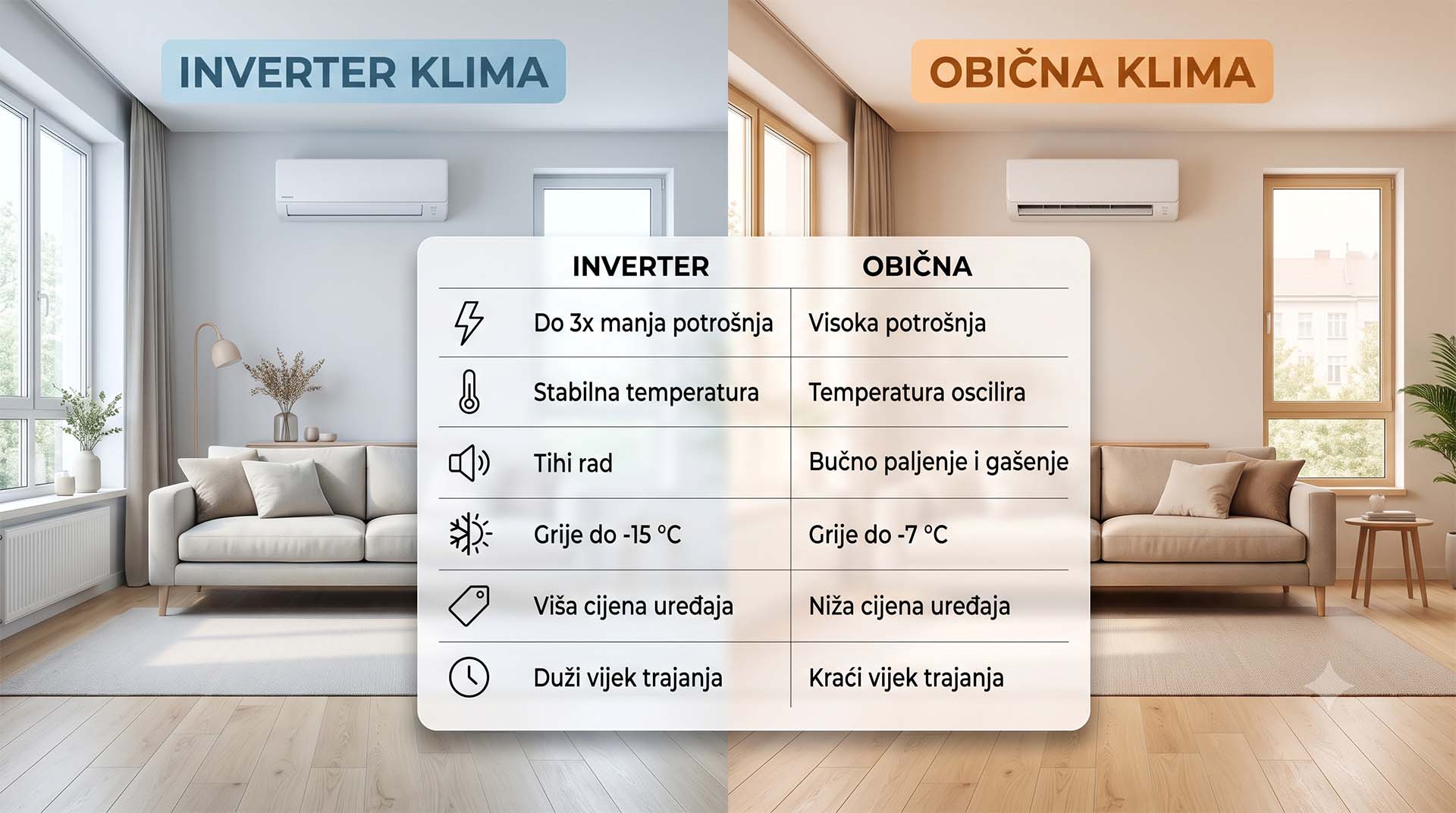 Grafička usporedba razlika između klima uređaja s inverter tehnologijom i onih bez.