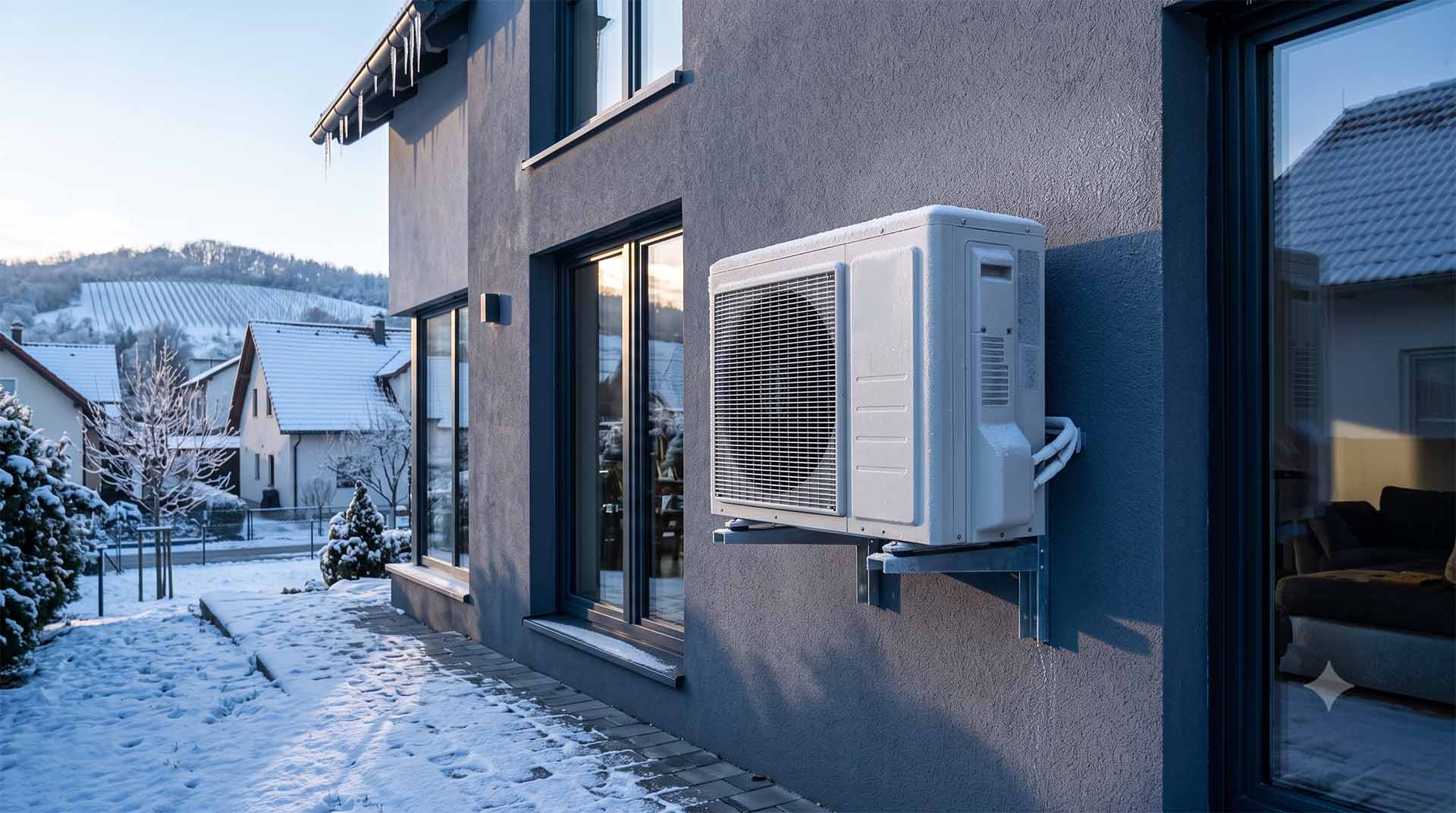 Vanjska jedinica klima uređaja pokrivena snijegom tijekom zimske sezone grijanja