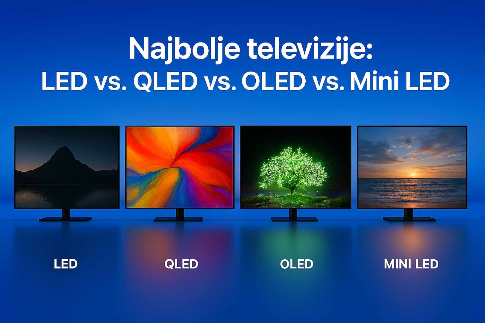 Usporedba tehnologija zaslona: Koja je najbolja televizija? Fotorealistična naslovna slika s četiri televizora (LED, QLED, OLED, Mini LED) prikazanih na reflektirajućoj podlozi s modernim svijetloplavim pozadinom i čistim fontom.