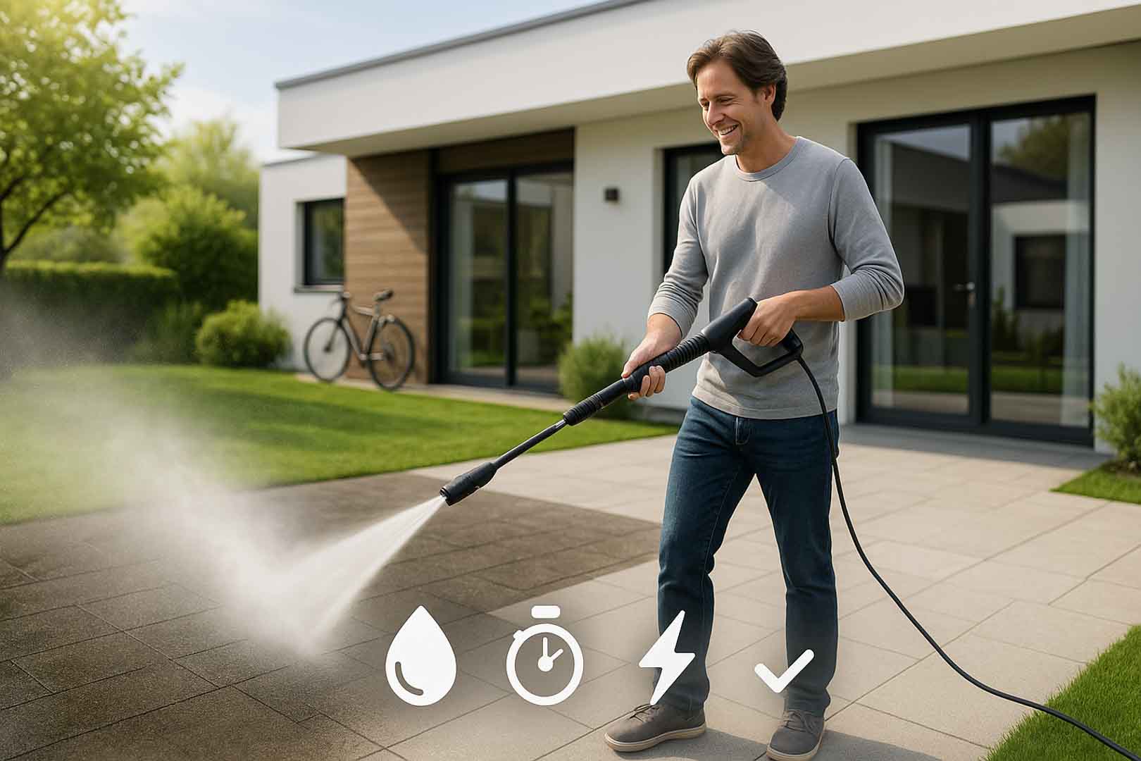 Usporedba visokotlačnih čistača za svaku potrebu Fotorealistična scena koja prikazuje trenutak zadovoljstva i transformacije korištenja visokotlačnog čistača: moderno dvorište s podijeljenom zonom "prije i poslije" čišćenja i s grafikama koje prikazuju prednosti svake vrste čistača.