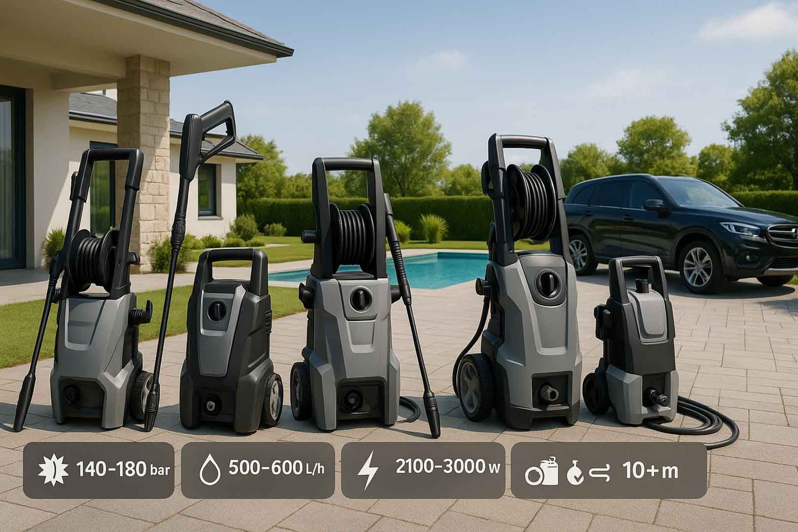 Fotorealistična ilustracija visokotlačnih čistača visoke klase ispred moderne kuće s bazenom i SUV vozilom u pozadini. Prikazano je pet robusnih uređaja s indukcijskim motorima, metalnim pumpama, kolutovima za crijeva i infografskim ikonama koje označavaju tlak do 180 bara, protok do 600 l/h, snagu do 3000 W i dodatnu opremu za intenzivnu upotrebu na velikim površinama.