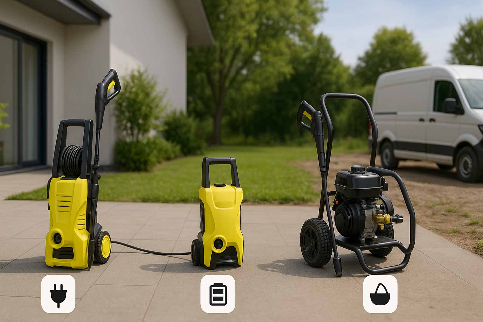 Tri različita visokotlačna čistača raspoređena jedan do drugoga na neutralnoj pozadini (betonska terasa ili radni prostor). Svaki čistač predstavlja drugačiji tip pogona: Električni model, akumulatorski model, benzinski model prikazai u terenskom okruženju.