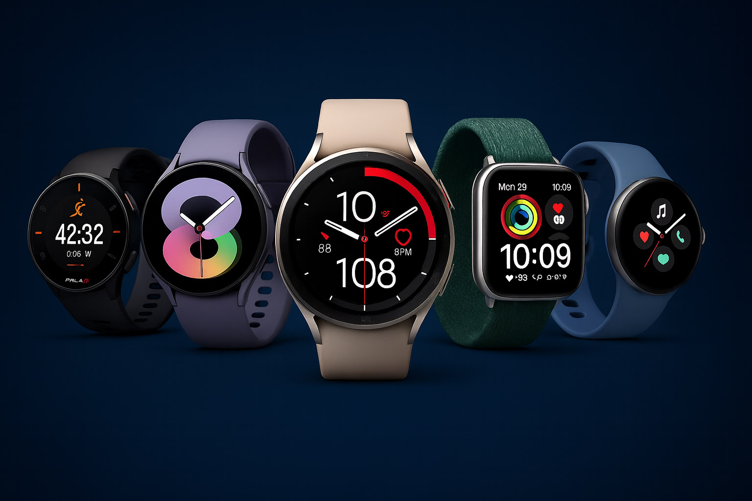 Fotorealistična hero fotografija s više premium i budžet pametnih satova – Apple Watch, Samsung Galaxy Watch, Huawei Watch, Garmin i Xiaomi – na tamnoplavoj pozadini