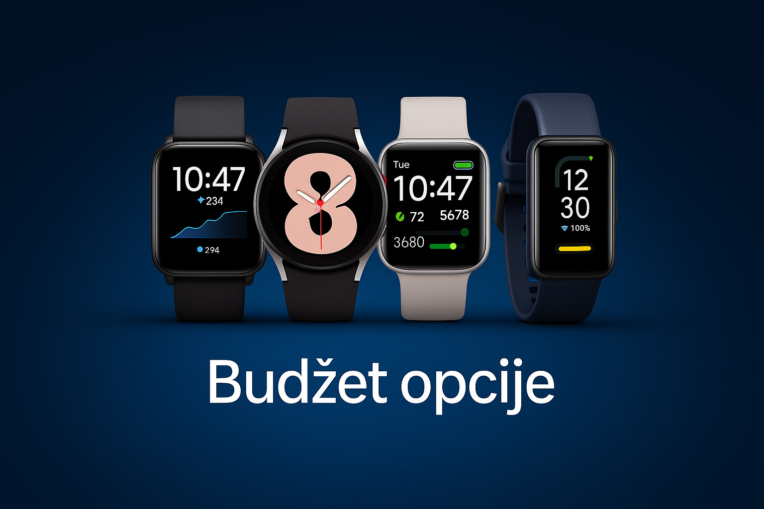 Fotorealistična slika četiri pametna sata iz budžet kategorije do 100 €, raznih proizvođača poput Xiaomi, Huawei i Amazfit, na tamnoplavoj pozadini s natpisom 'Budžet opcije'