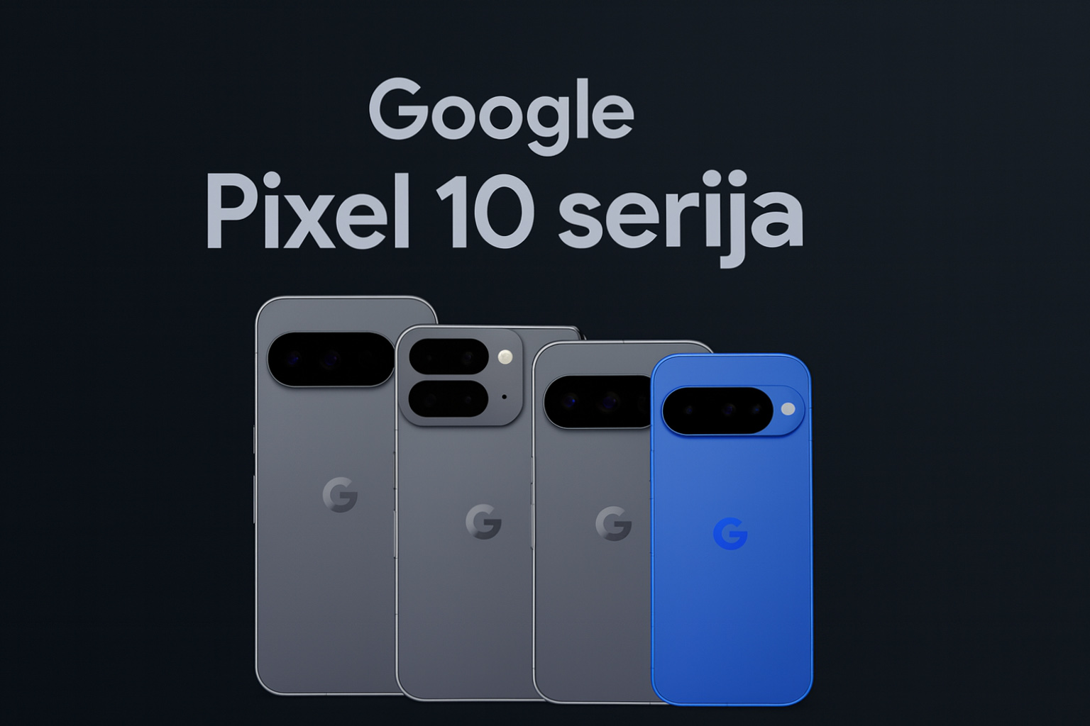 Google Pixel 10 serija – prikaz novih modela Fotografija središnje pozicioniranih Google Pixel 10 pametnih telefona u sivim i plavim bojama, na tamnoj kontrastnoj pozadini s natpisom 'Google Pixel 10 serija'